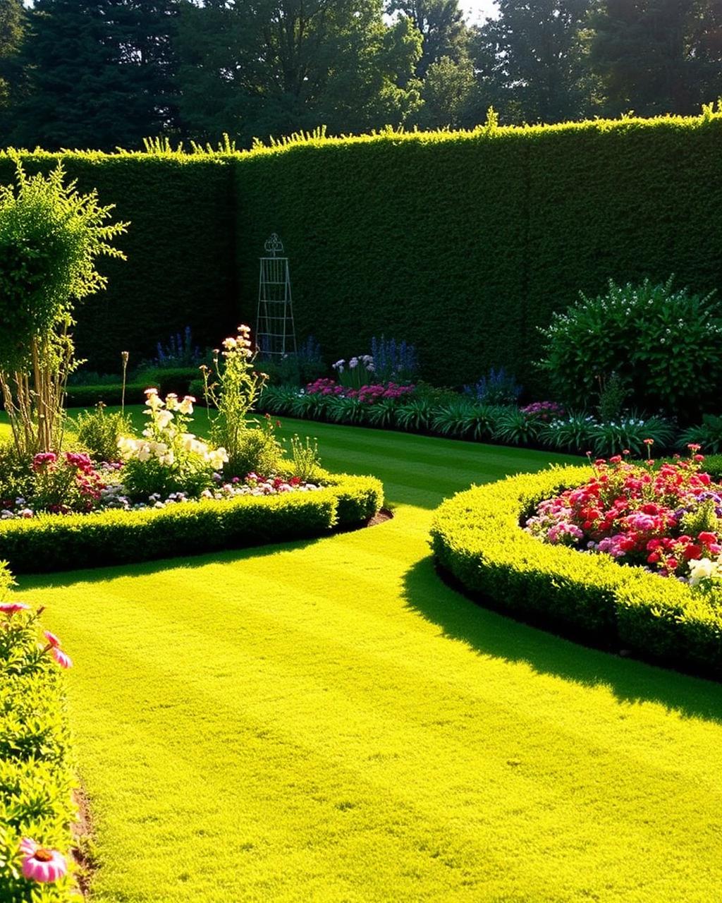 Beautifully maintained garden with a freshly mown striped lawn and colourful flower borders