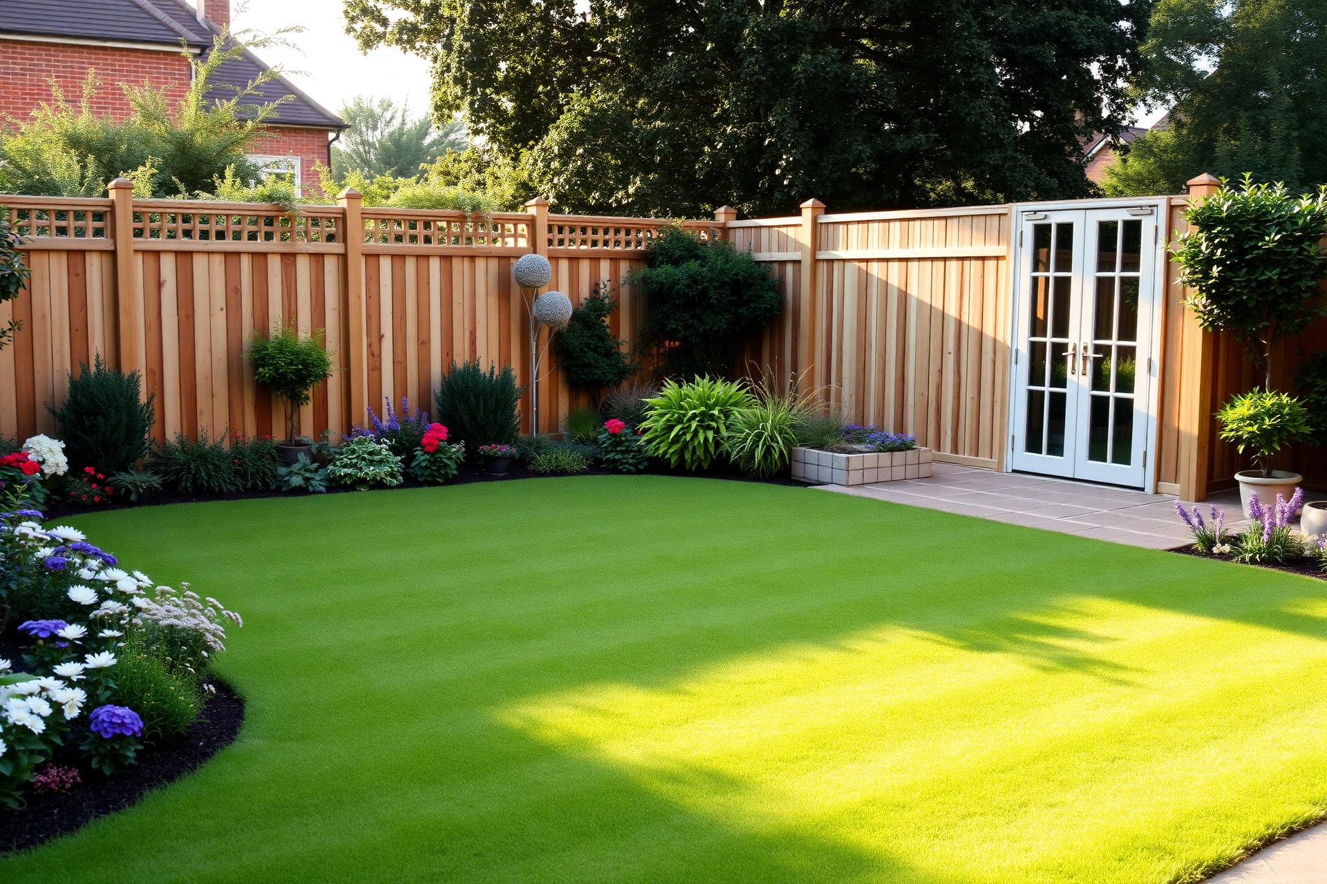 Landscaped garden with new wooden fence panels and sandstone paving
