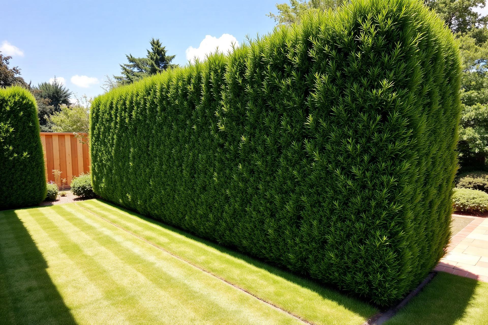 Tall trimmed hedge beside a freshly mown striped lawn and patio