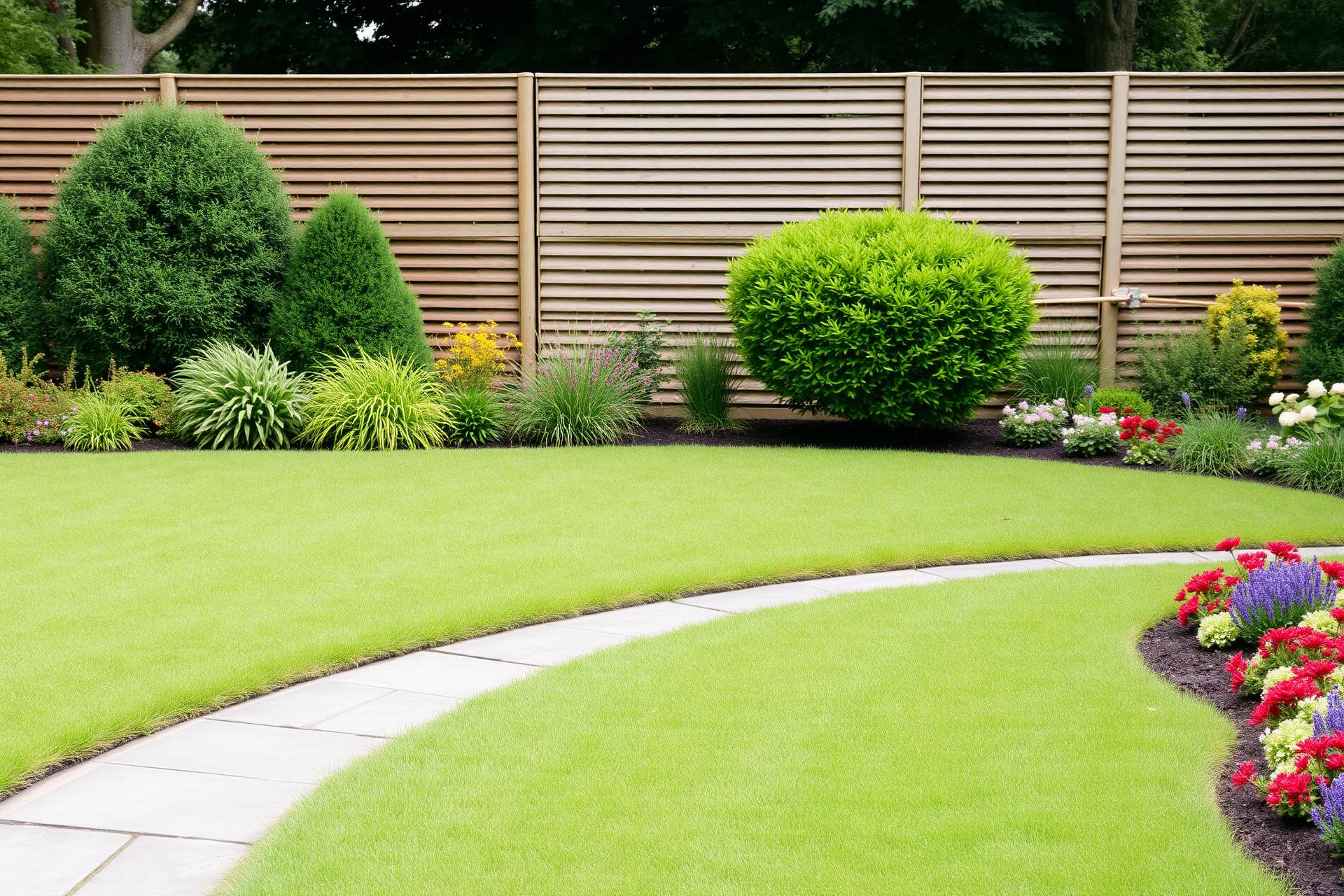 Curved paved garden path with neat lawn and modern wooden fencing